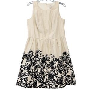 LOFT Tan Dress Midi Black Floral Classic Sleeveless Scoop Neck Zip Womens Size 6